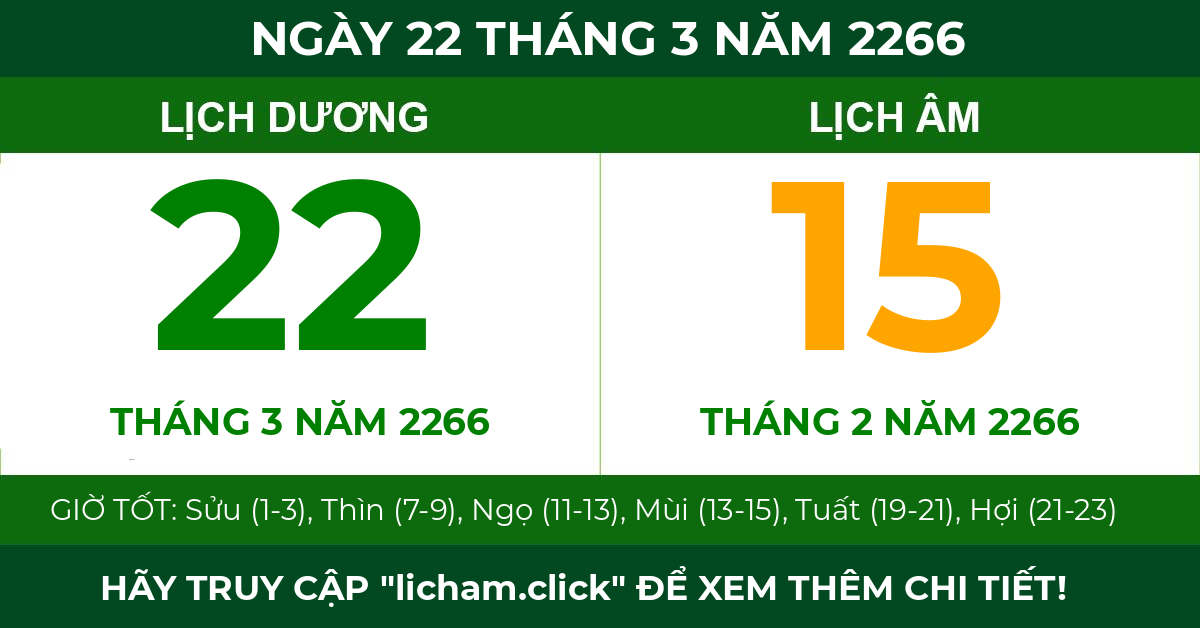 lịch âm ngày 22 tháng 3 năm 2266