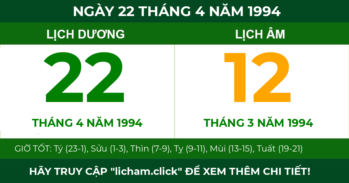 lịch âm ngày 22 tháng 4 năm 1994