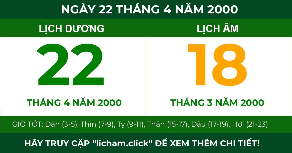 lịch âm ngày 22 tháng 4 năm 2000