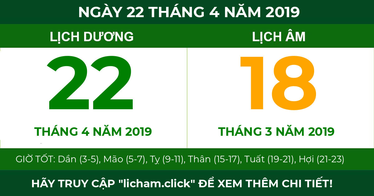 lịch âm ngày 22 tháng 4 năm 2019