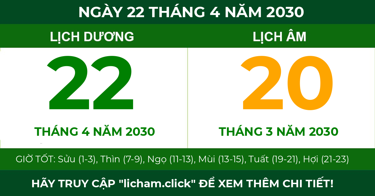 lịch âm ngày 22 tháng 4 năm 2030
