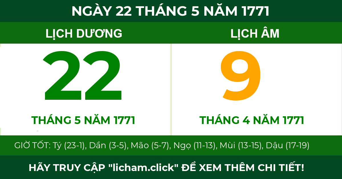 lịch âm ngày 22 tháng 5 năm 1771
