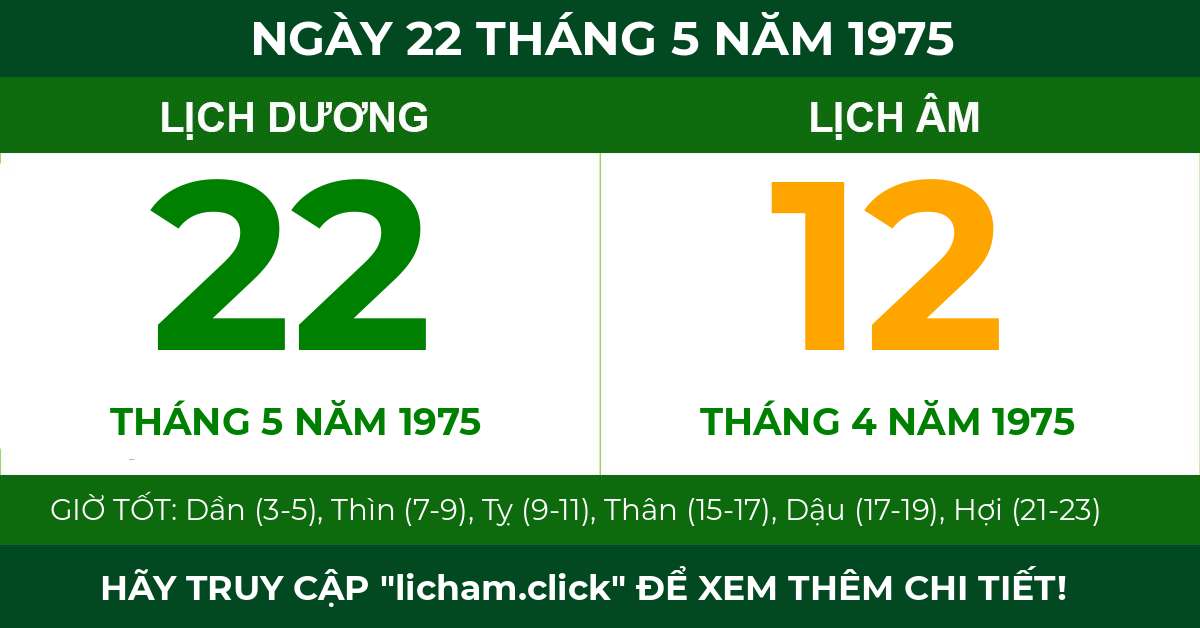 lịch âm ngày 22 tháng 5 năm 1975