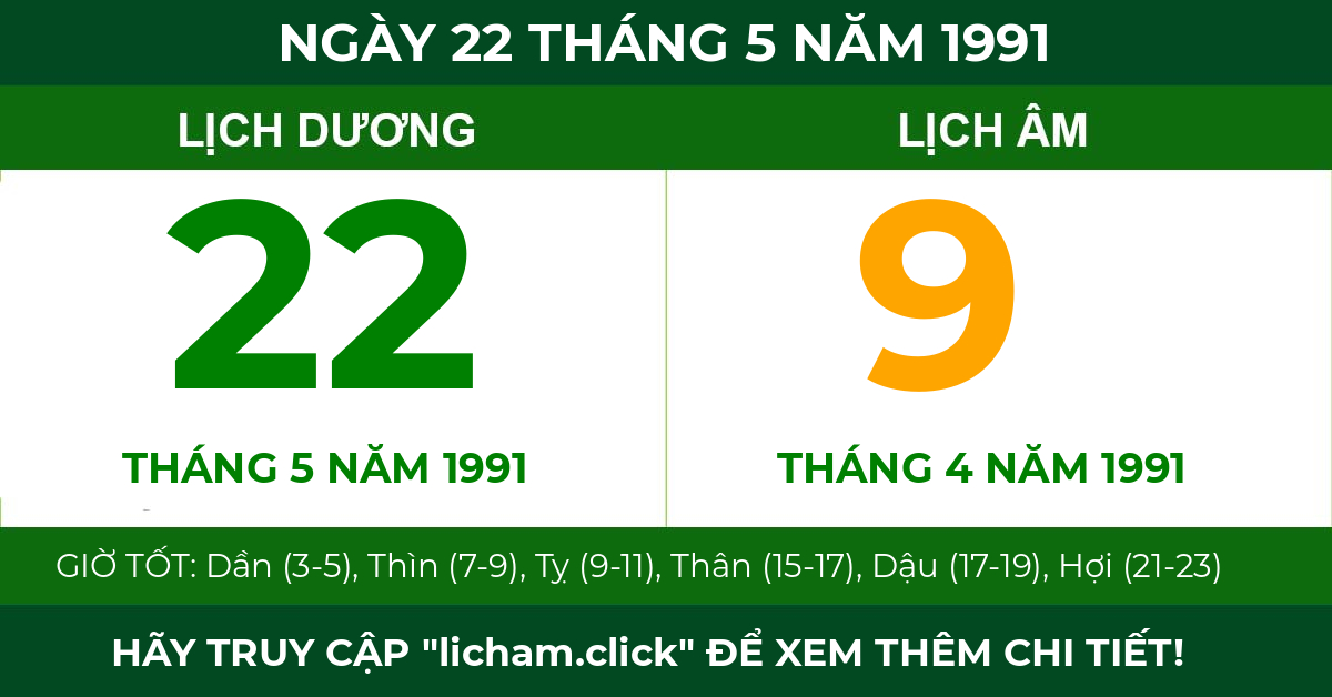 lịch âm ngày 22 tháng 5 năm 1991