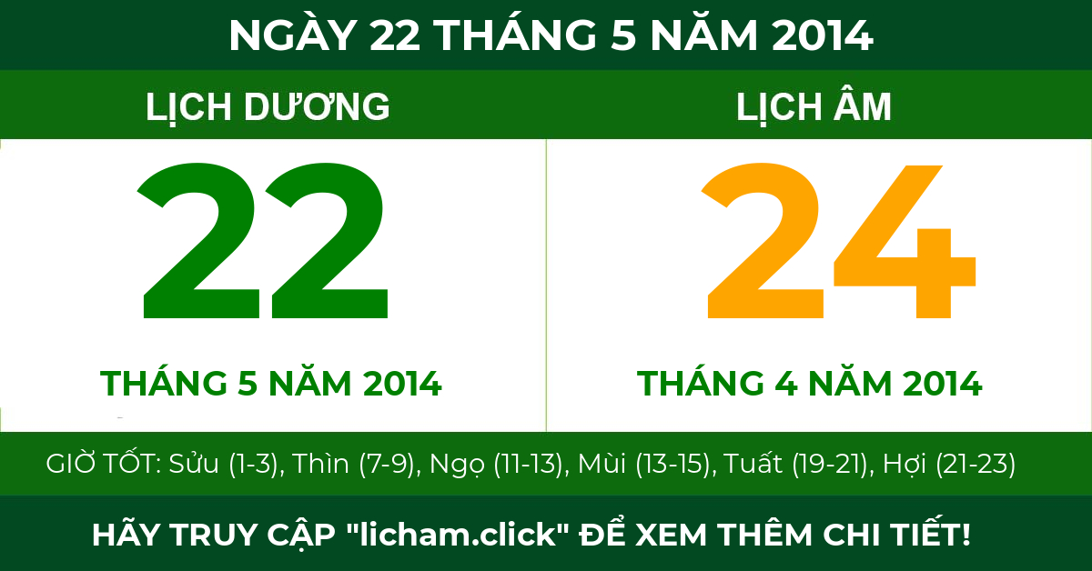 lịch âm ngày 22 tháng 5 năm 2014