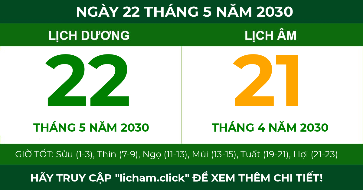 lịch âm ngày 22 tháng 5 năm 2030