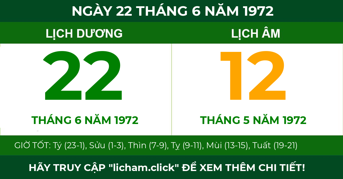 lịch âm ngày 22 tháng 6 năm 1972