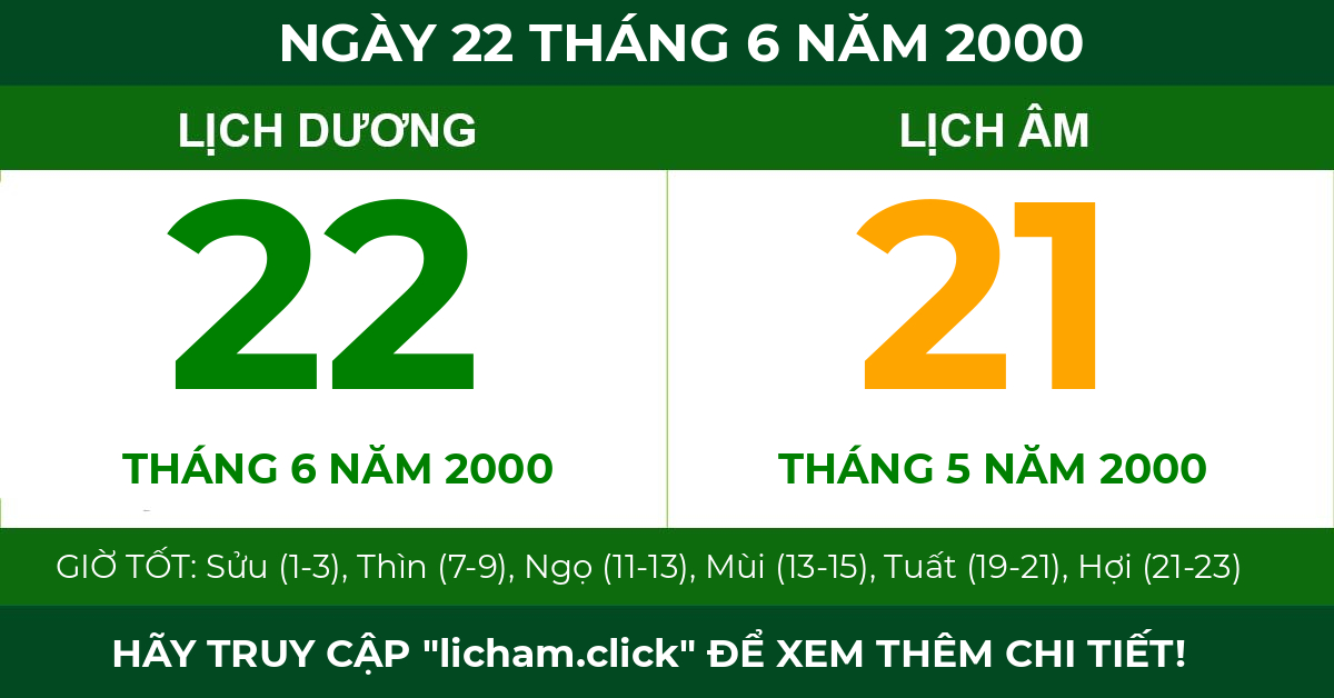 lịch âm ngày 22 tháng 6 năm 2000