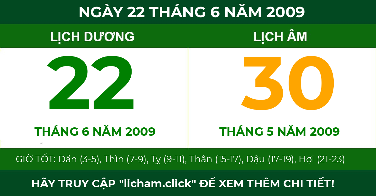lịch âm ngày 22 tháng 6 năm 2009