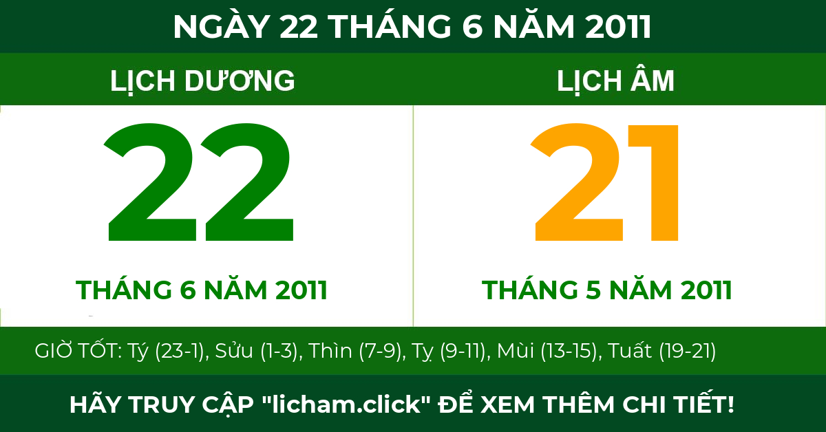 lịch âm ngày 22 tháng 6 năm 2011