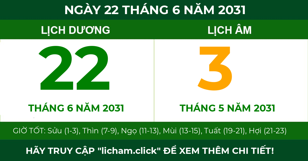 lịch âm ngày 22 tháng 6 năm 2031