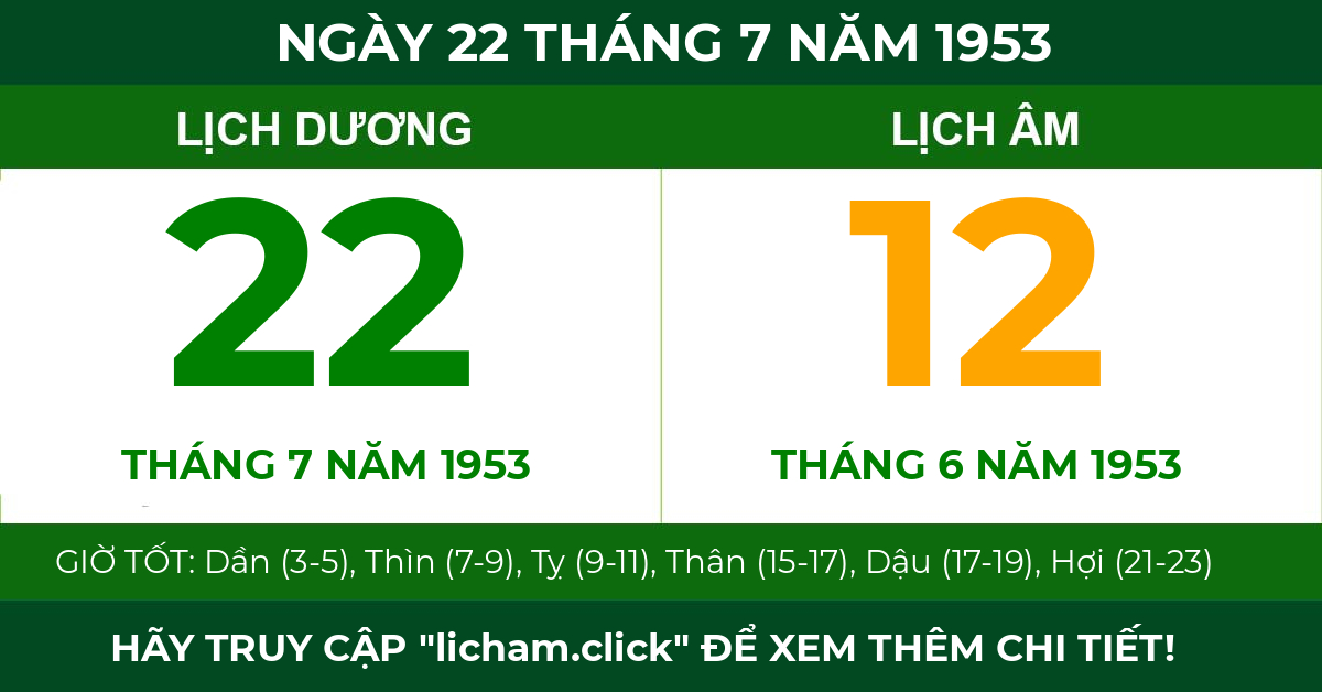 lịch âm ngày 22 tháng 7 năm 1953