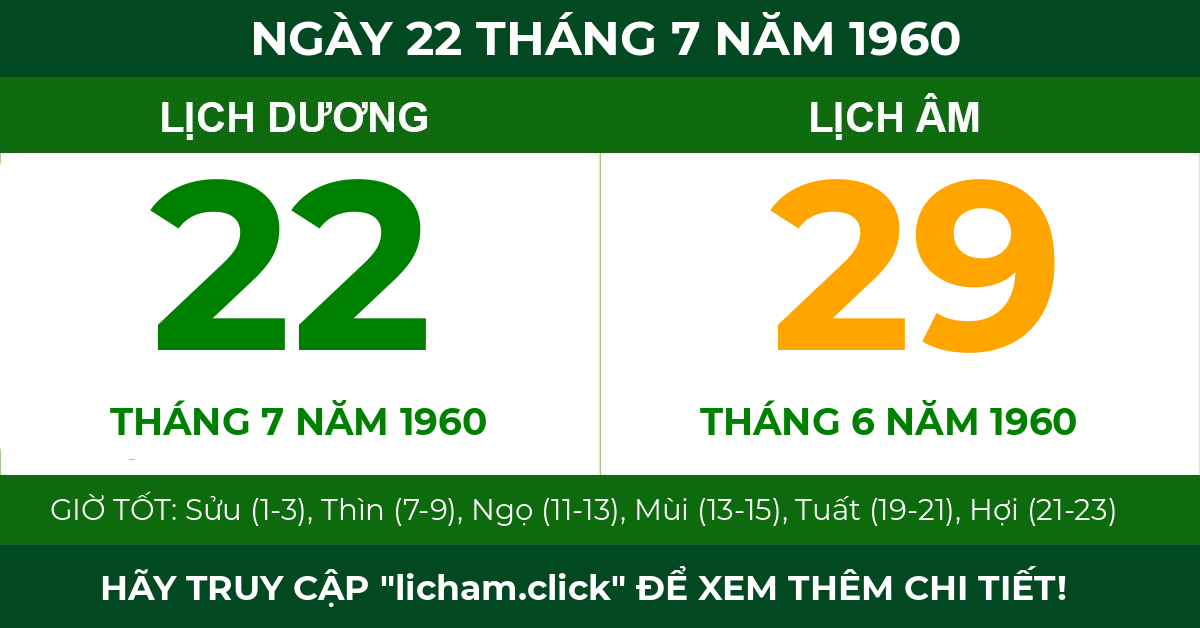 lịch âm ngày 22 tháng 7 năm 1960