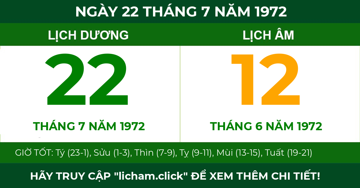 lịch âm ngày 22 tháng 7 năm 1972