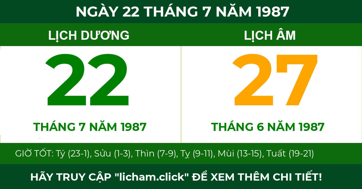 lịch âm ngày 22 tháng 7 năm 1987