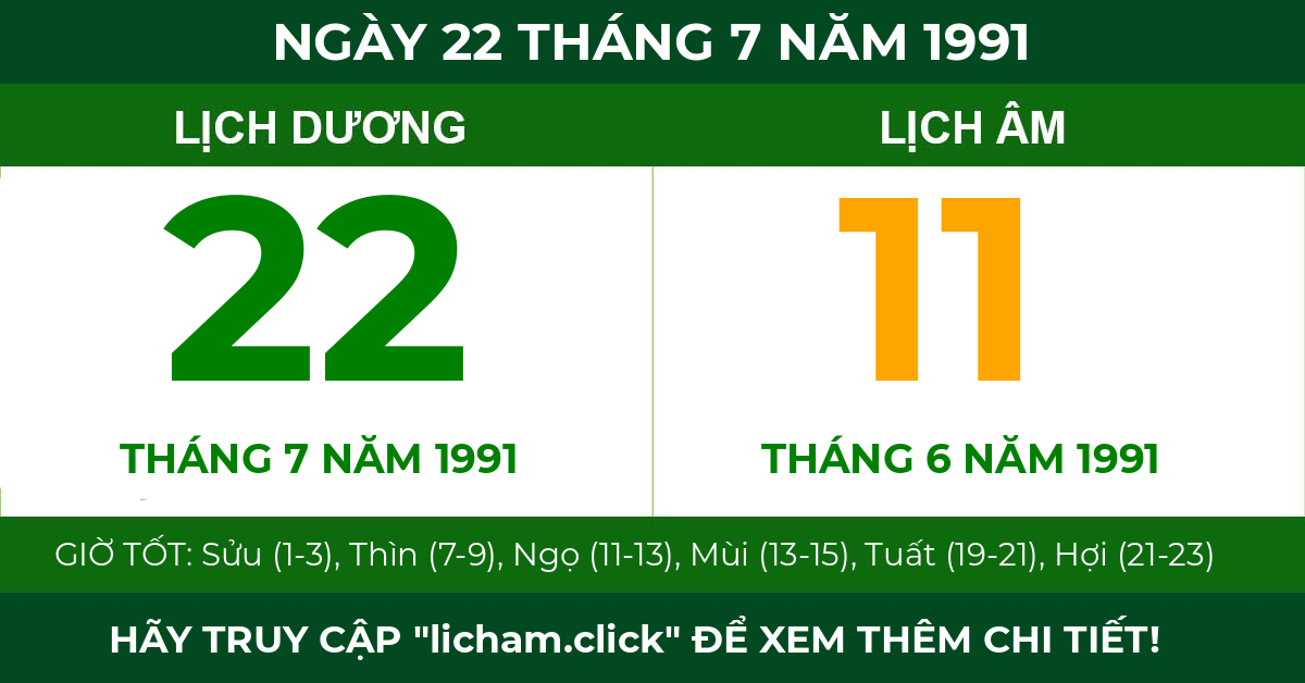 lịch âm ngày 22 tháng 7 năm 1991