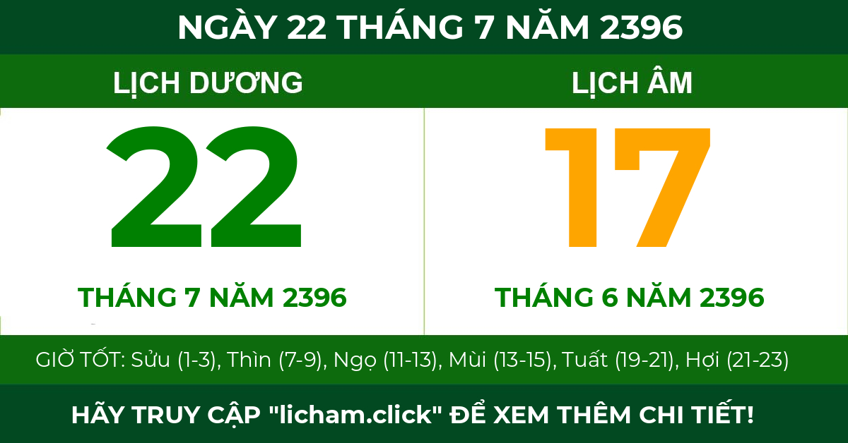 lịch âm ngày 22 tháng 7 năm 2396