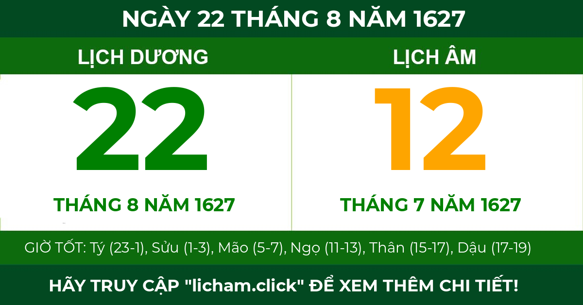 lịch âm ngày 22 tháng 8 năm 1627