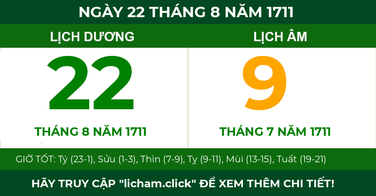 lịch âm ngày 22 tháng 8 năm 1711