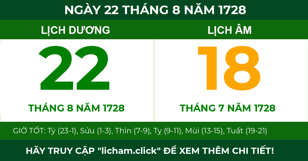 lịch âm ngày 22 tháng 8 năm 1728