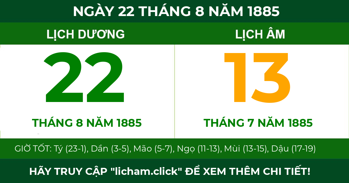 lịch âm ngày 22 tháng 8 năm 1885