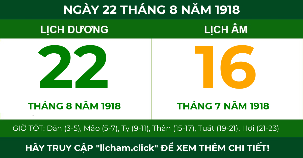 lịch âm ngày 22 tháng 8 năm 1918