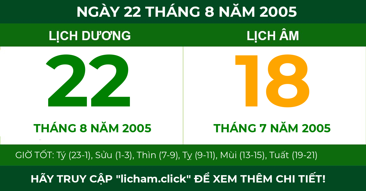 lịch âm ngày 22 tháng 8 năm 2005