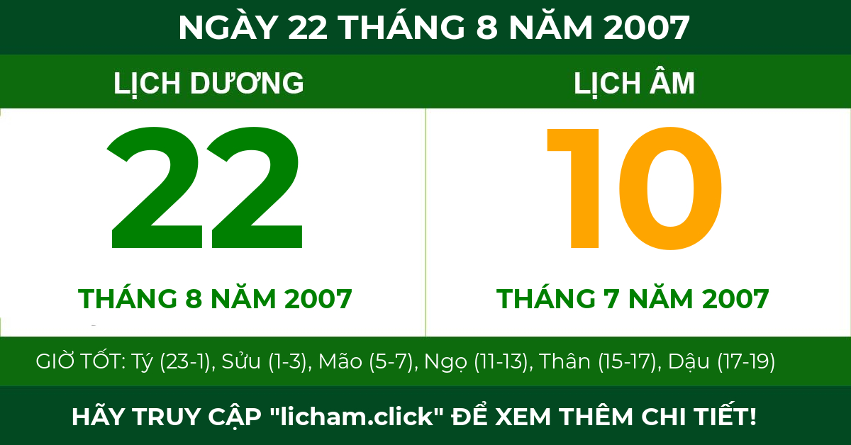 lịch âm ngày 22 tháng 8 năm 2007