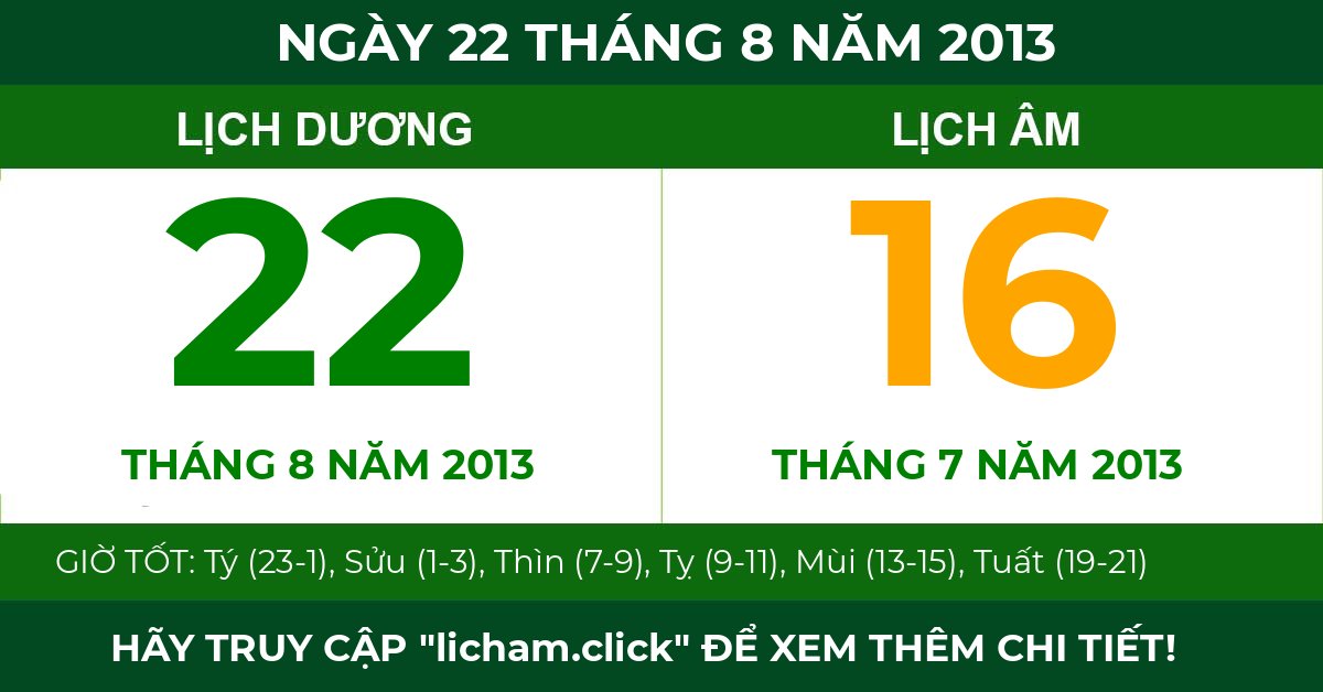 lịch âm ngày 22 tháng 8 năm 2013