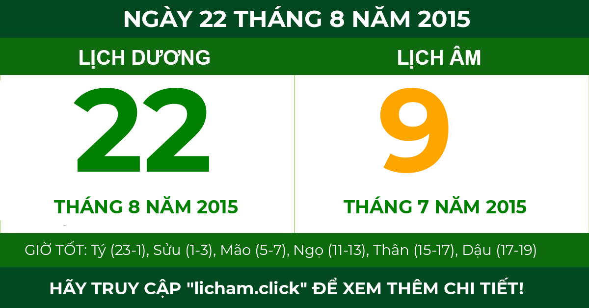 lịch âm ngày 22 tháng 8 năm 2015