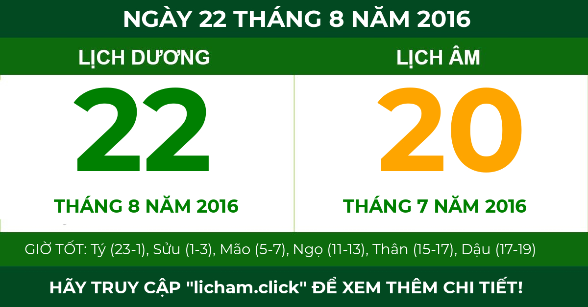 lịch âm ngày 22 tháng 8 năm 2016