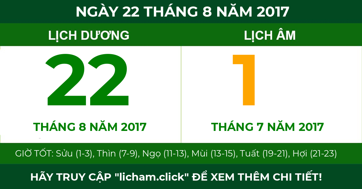 lịch âm ngày 22 tháng 8 năm 2017