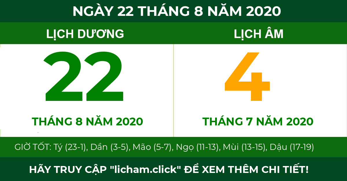 lịch âm ngày 22 tháng 8 năm 2020