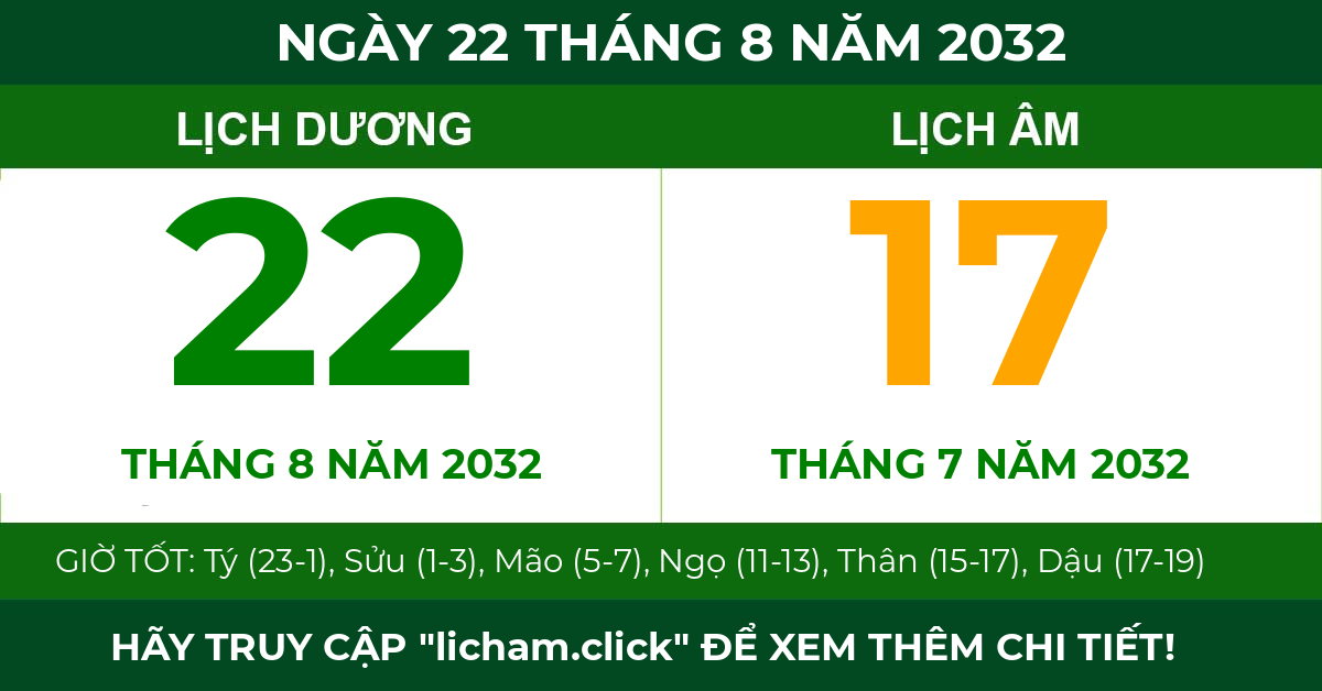 lịch âm ngày 22 tháng 8 năm 2032