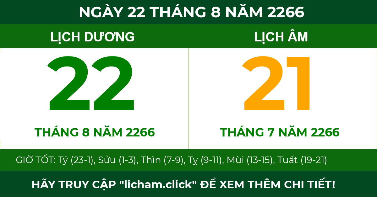 lịch âm ngày 22 tháng 8 năm 2266