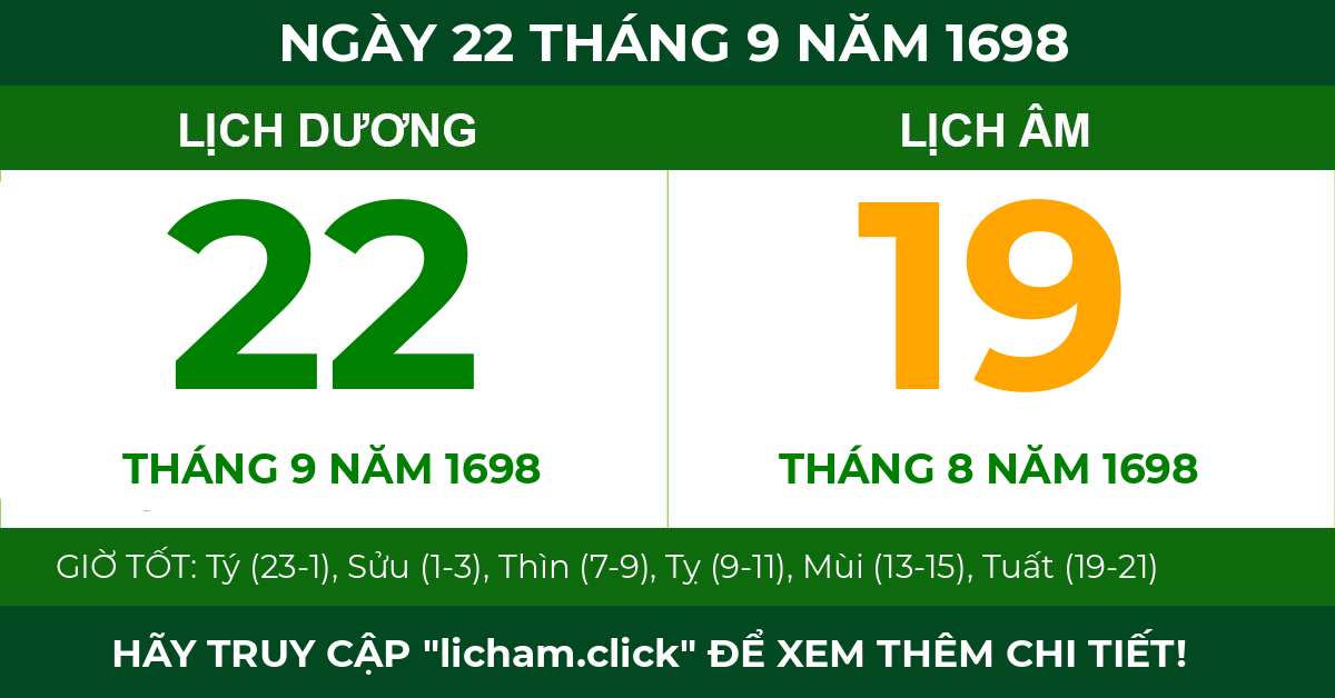 lịch âm ngày 22 tháng 9 năm 1698
