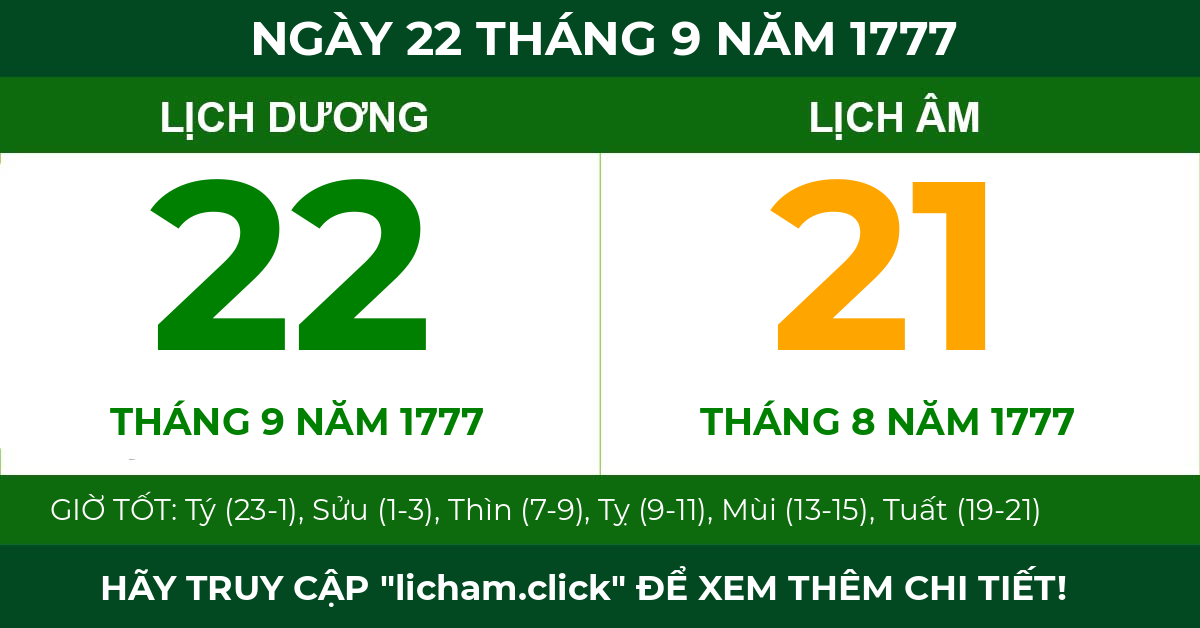 lịch âm ngày 22 tháng 9 năm 1777