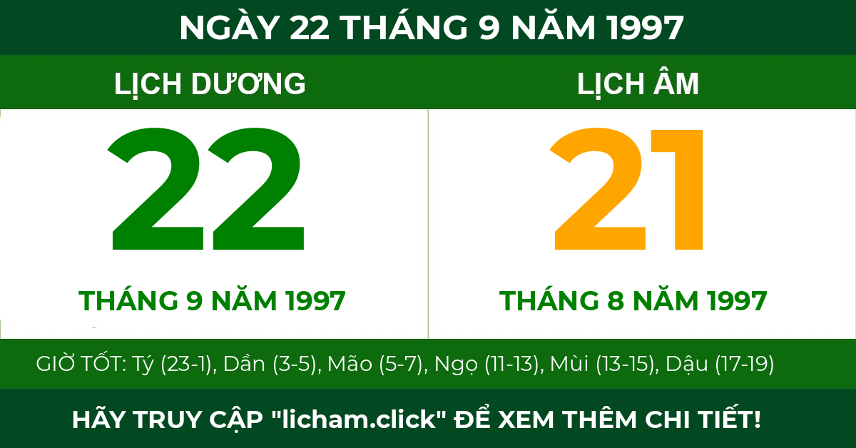 lịch âm ngày 22 tháng 9 năm 1997