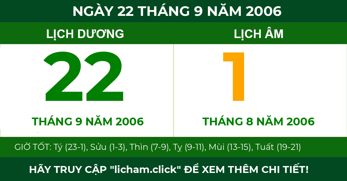 lịch âm ngày 22 tháng 9 năm 2006
