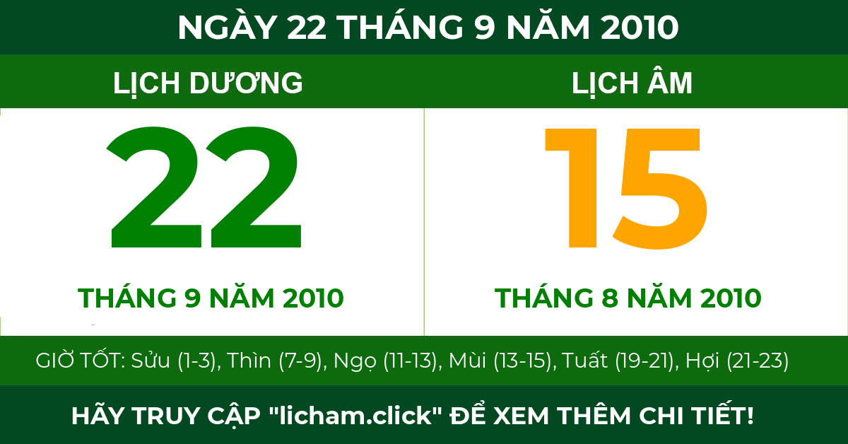 lịch âm ngày 22 tháng 9 năm 2010