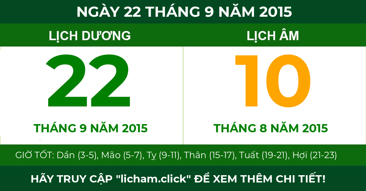 lịch âm ngày 22 tháng 9 năm 2015