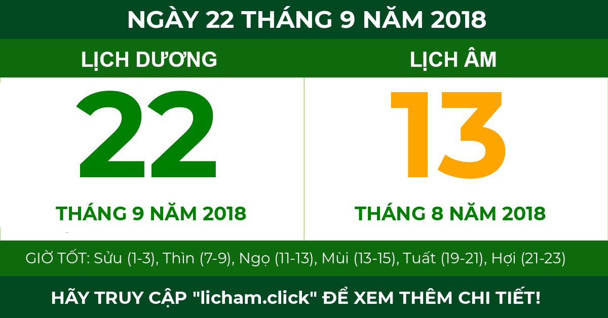 lịch âm ngày 22 tháng 9 năm 2018