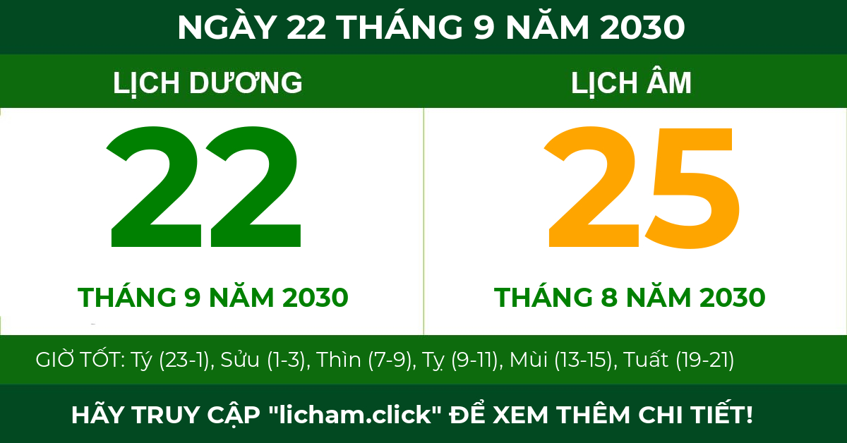 lịch âm ngày 22 tháng 9 năm 2030