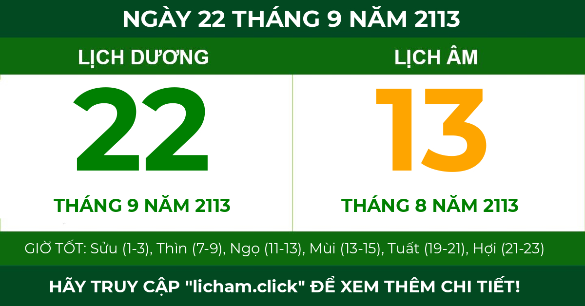 lịch âm ngày 22 tháng 9 năm 2113