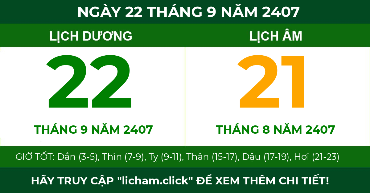 lịch âm ngày 22 tháng 9 năm 2407