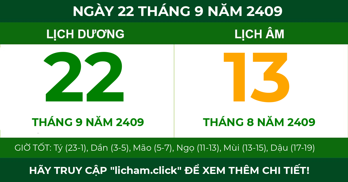lịch âm ngày 22 tháng 9 năm 2409