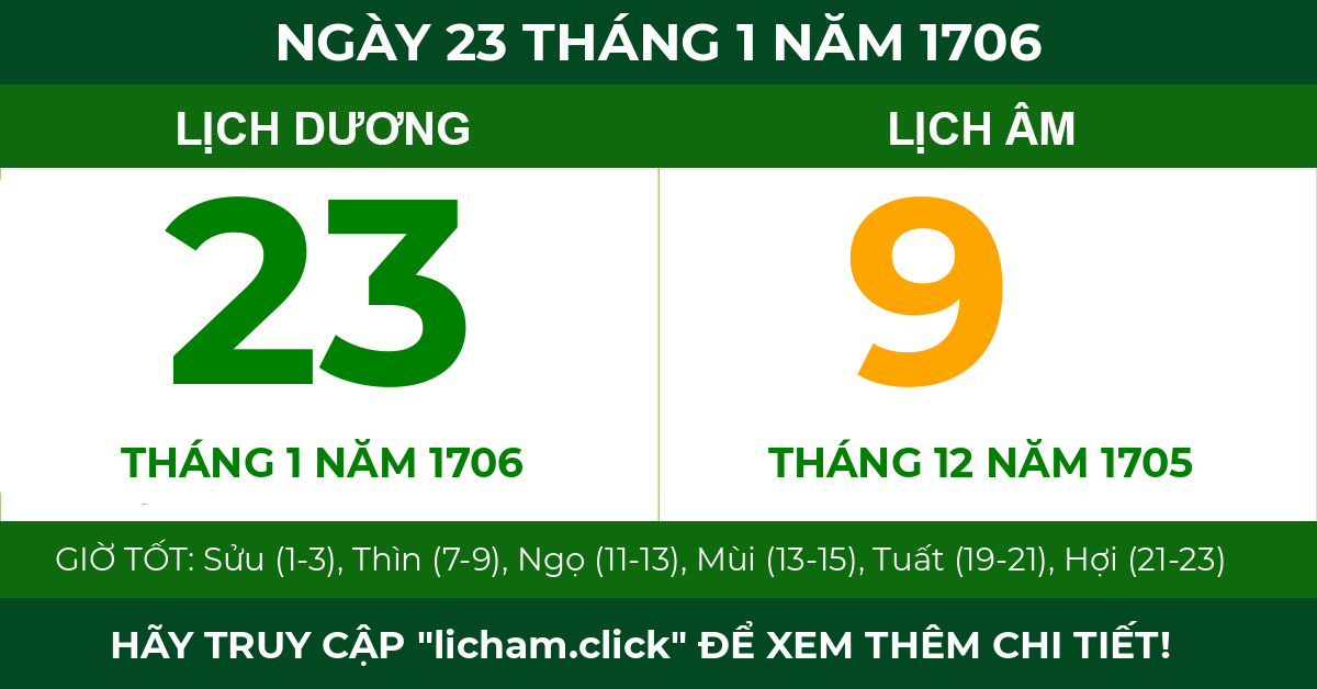 lịch âm ngày 23 tháng 1 năm 1706