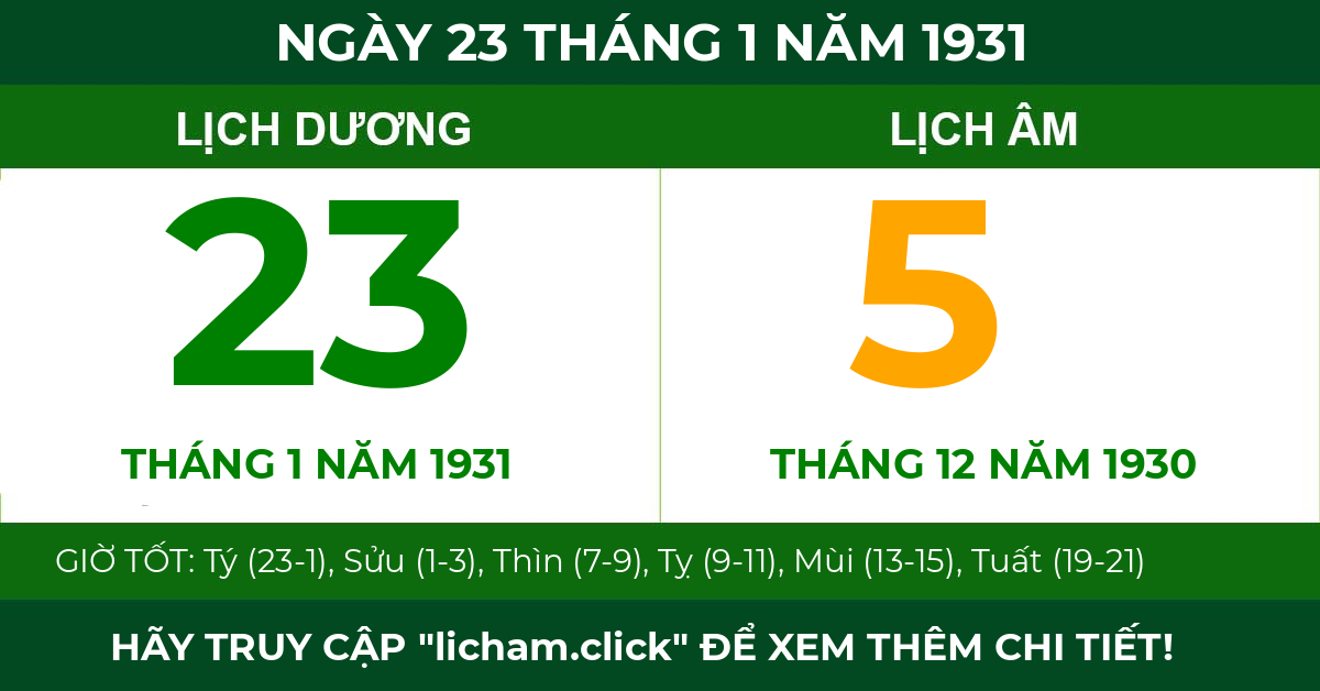 lịch âm ngày 23 tháng 1 năm 1931