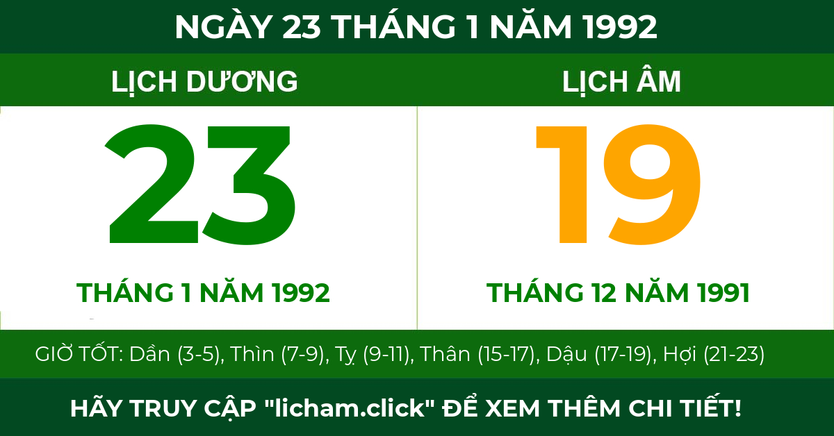 lịch âm ngày 23 tháng 1 năm 1992