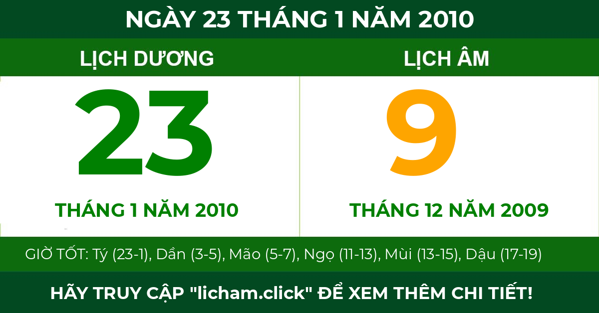 lịch âm ngày 23 tháng 1 năm 2010